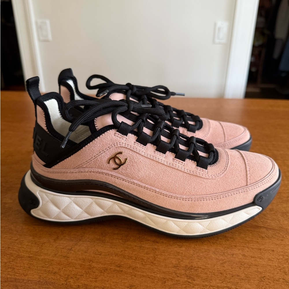 Chanel Pink and Black Lace-Up Sneakers